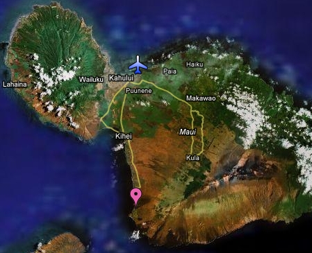 Map of Maui showing Hotel and Airport